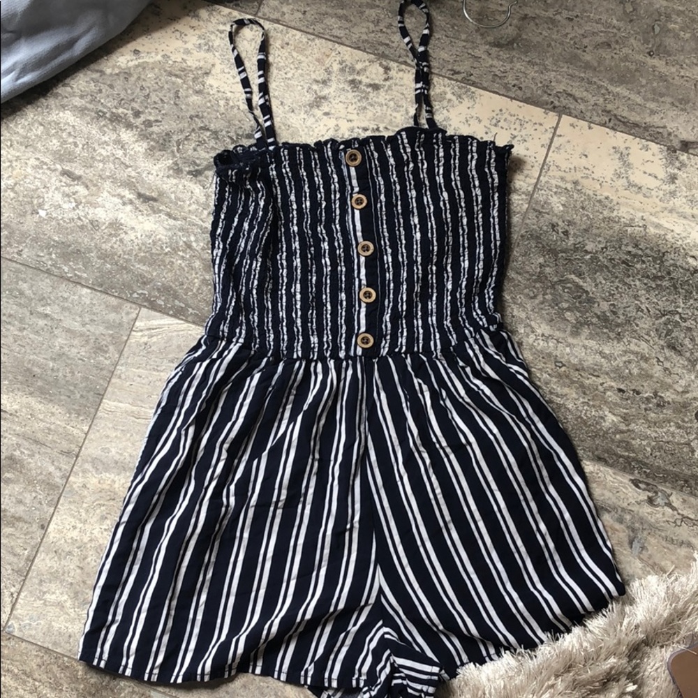 blue and white striped romper